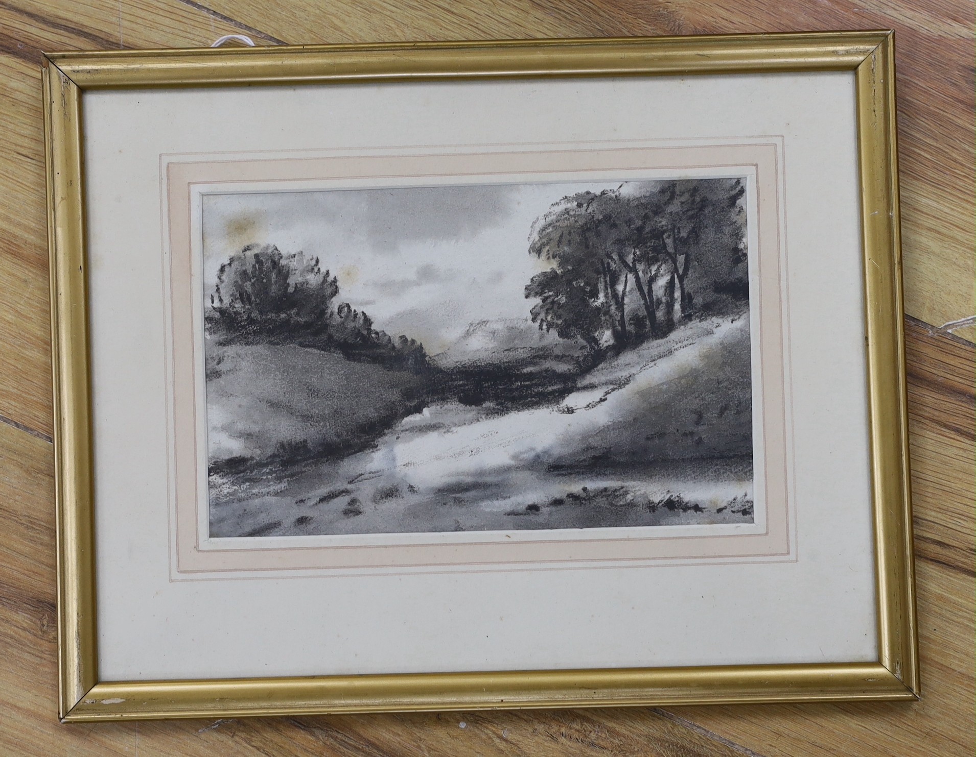 Dr Thomas Munro (1759-1833), charcoal on paper, Tree lined river, 11.5 x 18.5cm